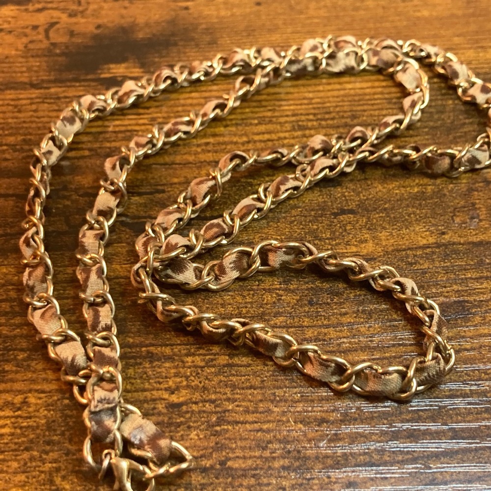 Leopard Print Woven Gold Tone Chain Necklace 34.5" Animal Fabric Layered